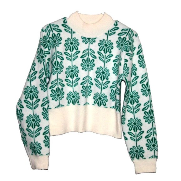 Shop Stevie Sweaters - Shop Stevie Womens Crop Knit Sweater Green Floral Print Off White Long Sleeve  M